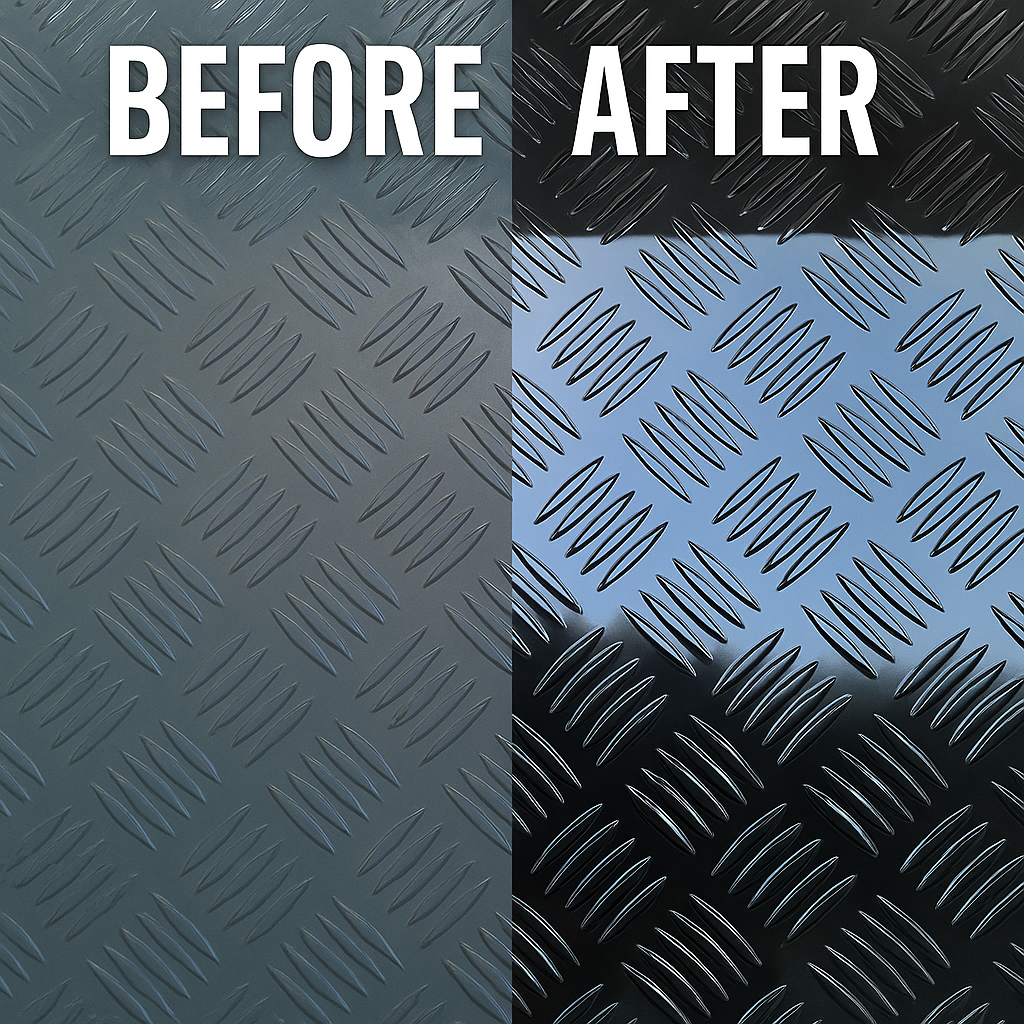 Liquid Shine before and after black checker plate restoration on caravan