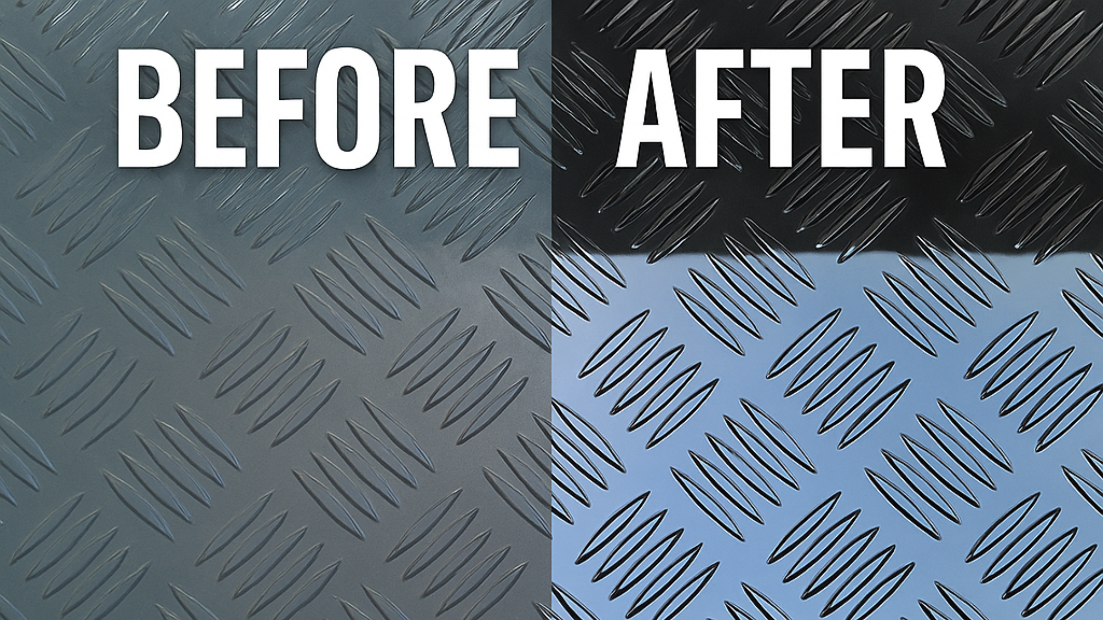 Before and after comparison showing faded caravan black checker plate restored to deep shine using Liquid Shine.