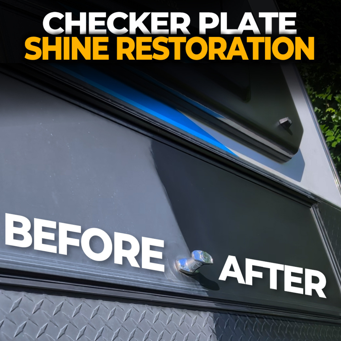 Before and after results of Liquid Shine restoring a faded caravan checker plate