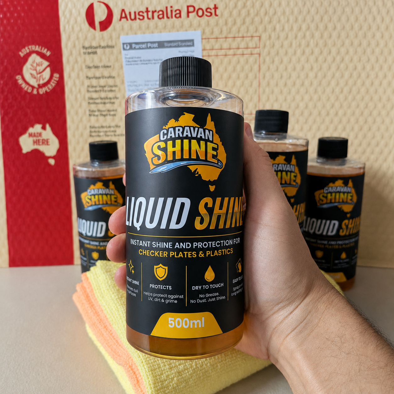 Three bottles of Caravan Shine Liquid Shine with Australia Post packaging, Australian owned and operated